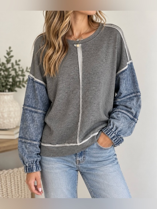 new in Tops - New In Gray with Washed Denim Sleeves Crewneck Pullover - Size M